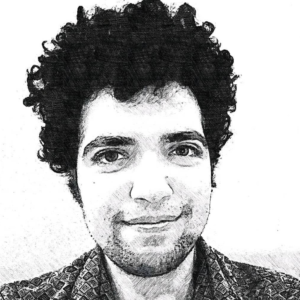 Portrait of a young male with dark curly hair, with a pencil sketch filter applied using the free version of Sketch Camera mobile app